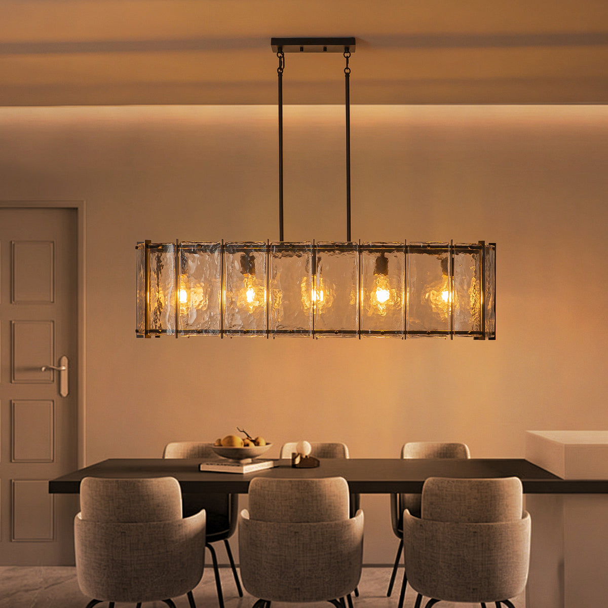 5-Light Matte Black Linear Chandelier Clear Textured Glass Shades - product image 3 | Zenvolit