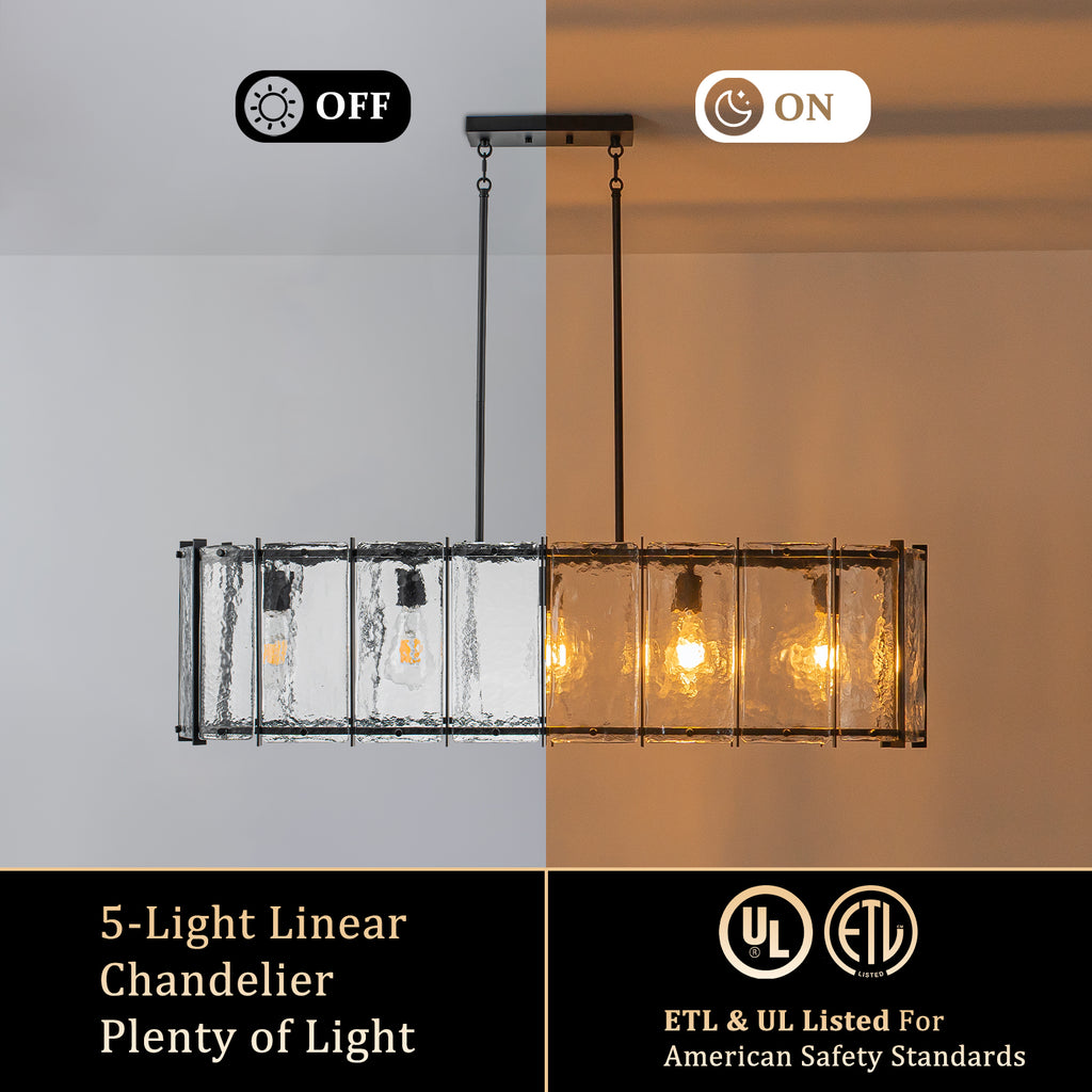 5-Light Matte Black Linear Chandelier Clear Textured Glass Shades - product image 6 | Zenvolit