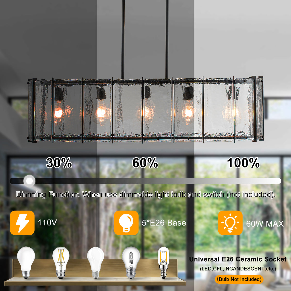 5-Light Matte Black Linear Chandelier Clear Textured Glass Shades - product image 7 | Zenvolit