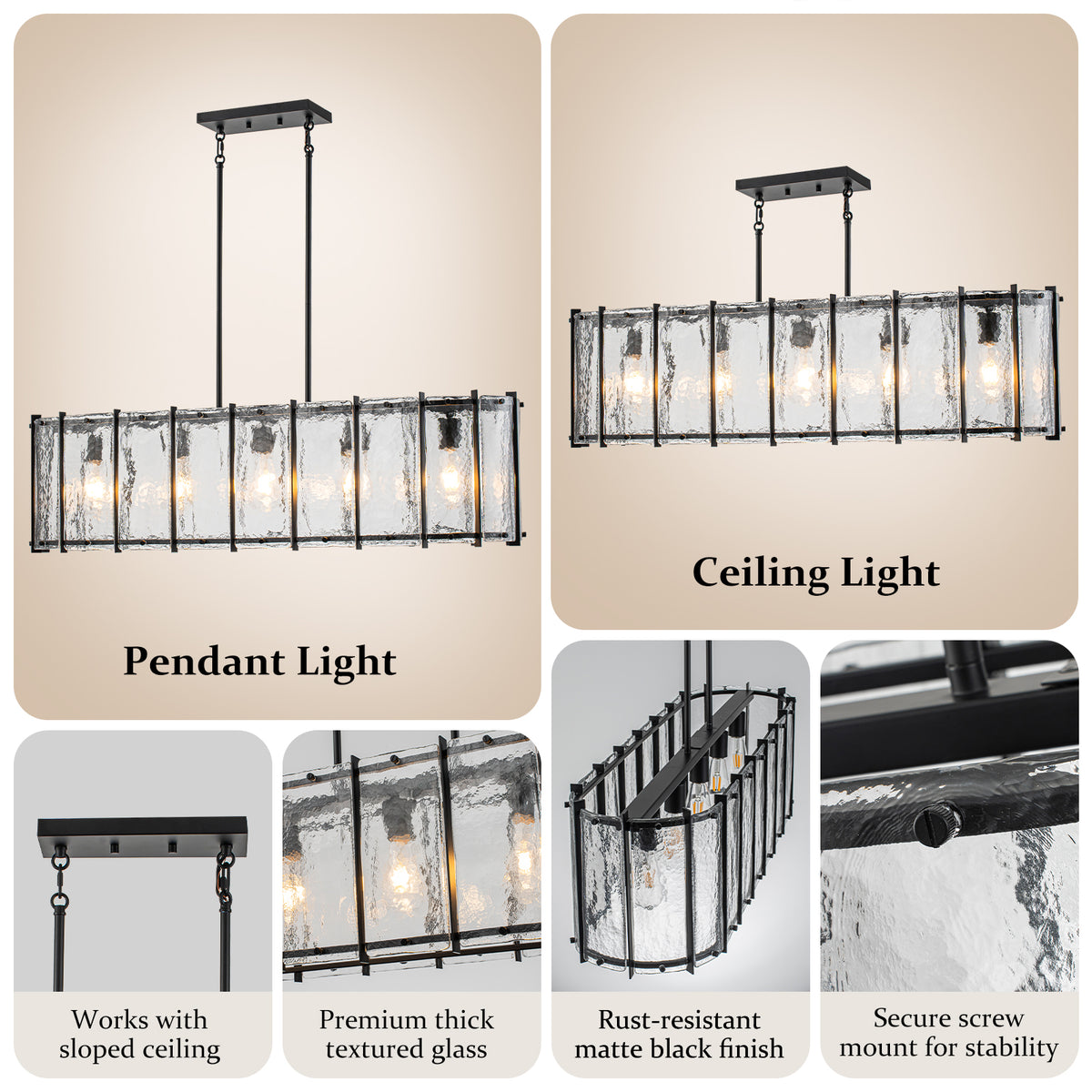 5-Light Matte Black Linear Chandelier Clear Textured Glass Shades - product image 13 | Zenvolit