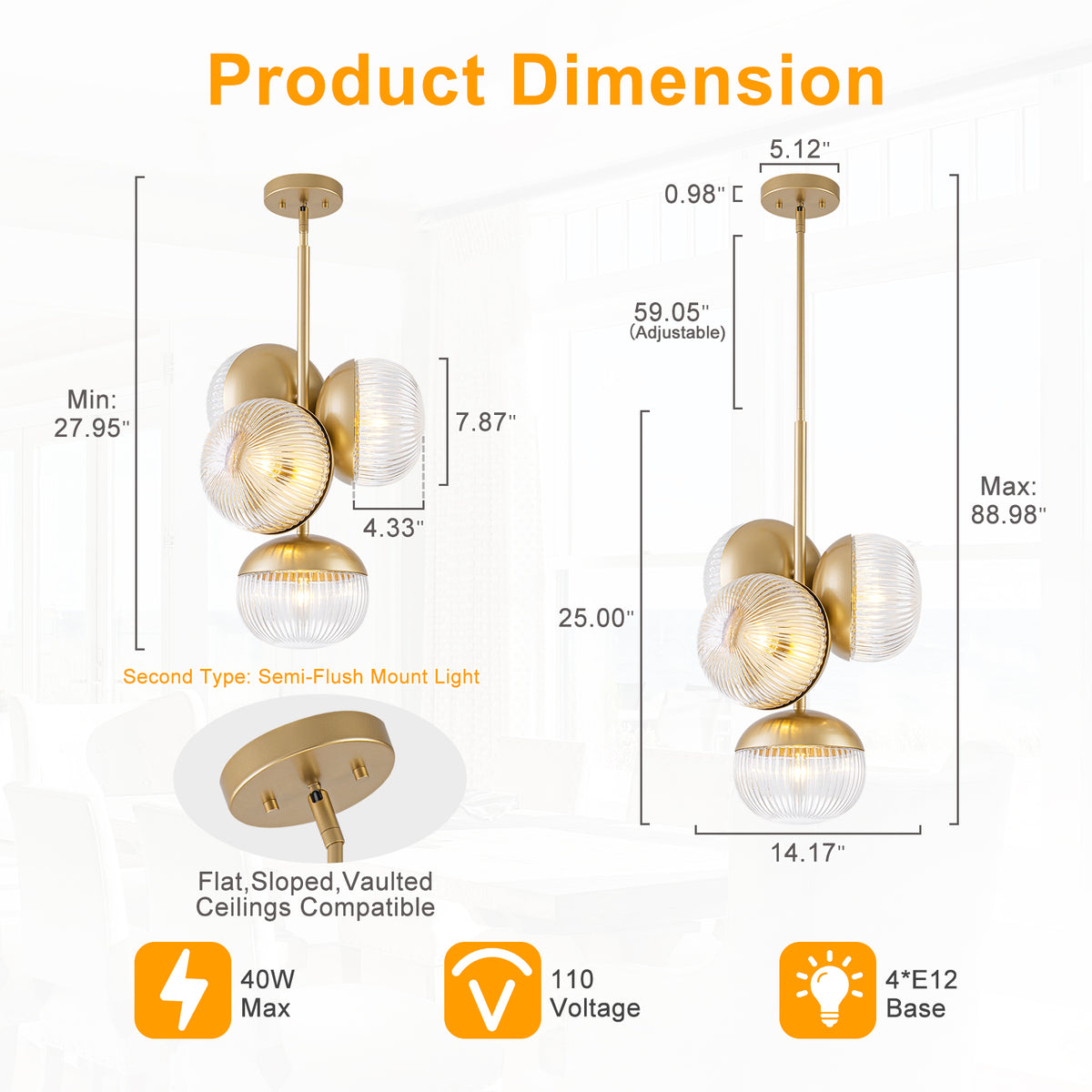 15 inch 2 Light Modern Gold Branched Semi Flush Mount with Clear Striped Glass Shades - product image 8 | Zenvolit