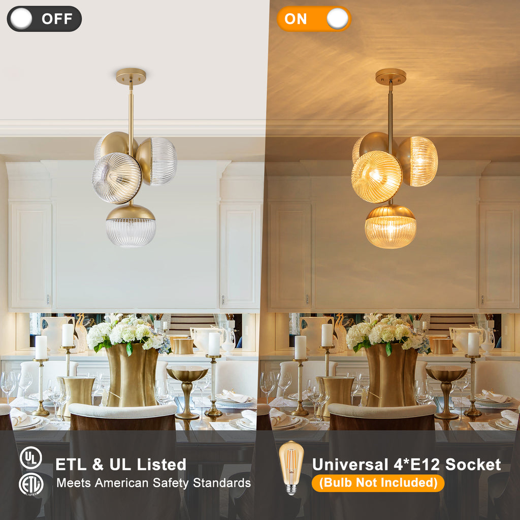 15 inch 2 Light Modern Gold Branched Semi Flush Mount with Clear Striped Glass Shades - product image 9 | Zenvolit