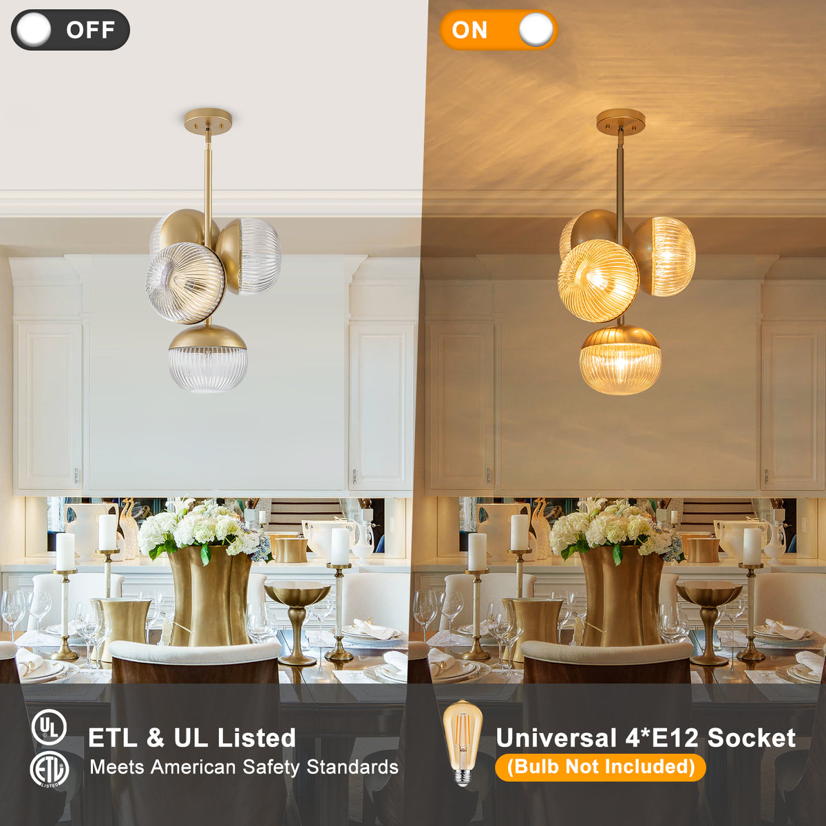 15 inch 2 Light Modern Gold Branched Semi Flush Mount with Clear Striped Glass Shades - product image 9 | Zenvolit