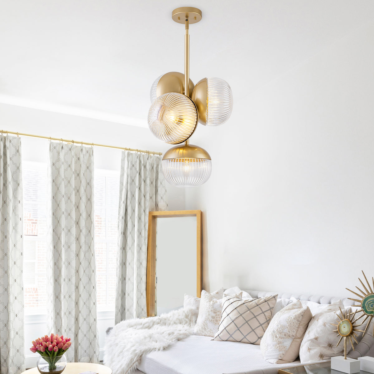 15 inch 2 Light Modern Gold Branched Semi Flush Mount with Clear Striped Glass Shades - product image 12 | Zenvolit