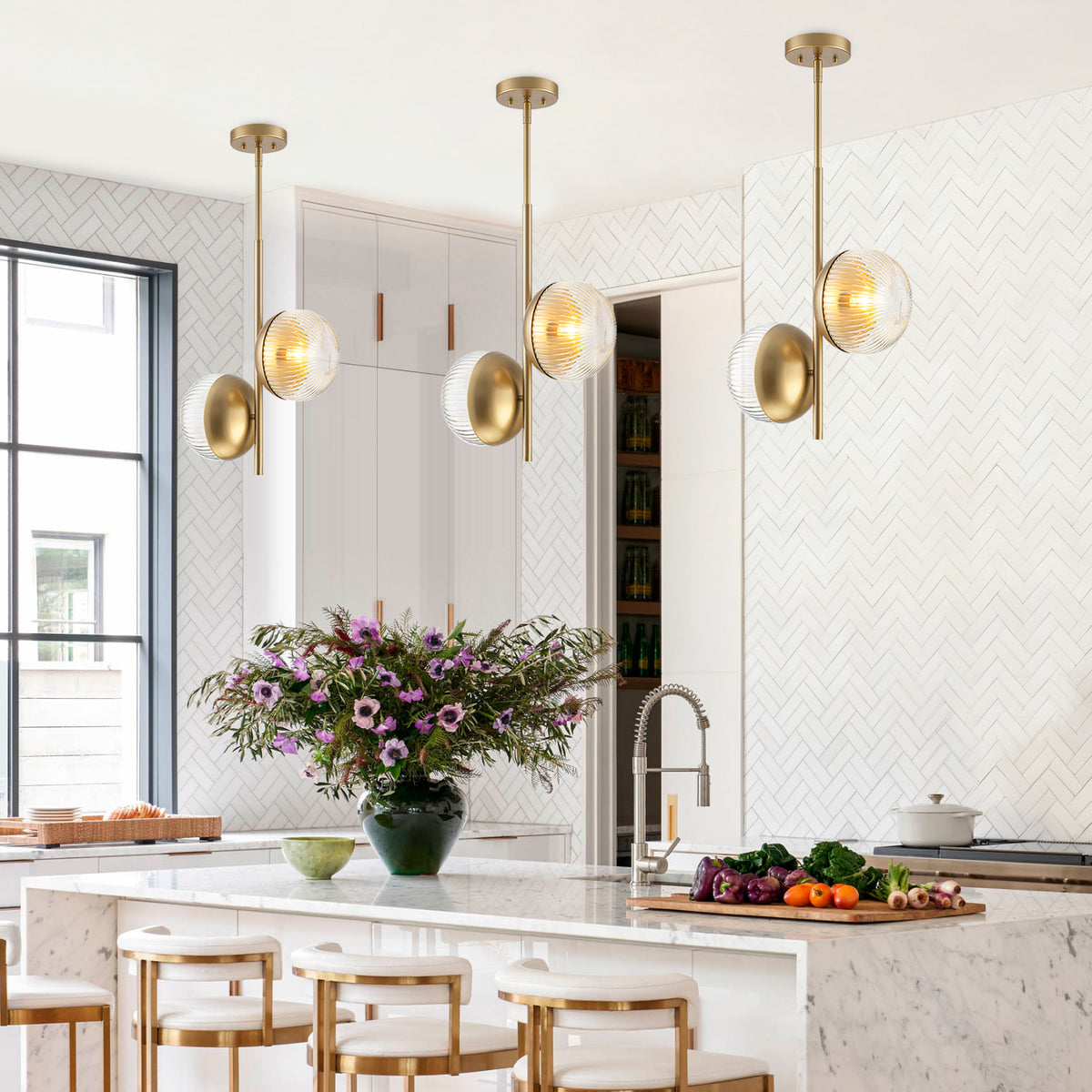 15 inch 2 Light Modern Gold Branched Semi Flush Mount with Clear Striped Glass Shades - product image 2 | Zenvolit