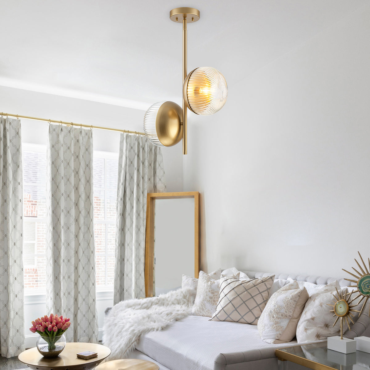 15 inch 2 Light Modern Gold Branched Semi Flush Mount with Clear Striped Glass Shades - product image 3 | Zenvolit