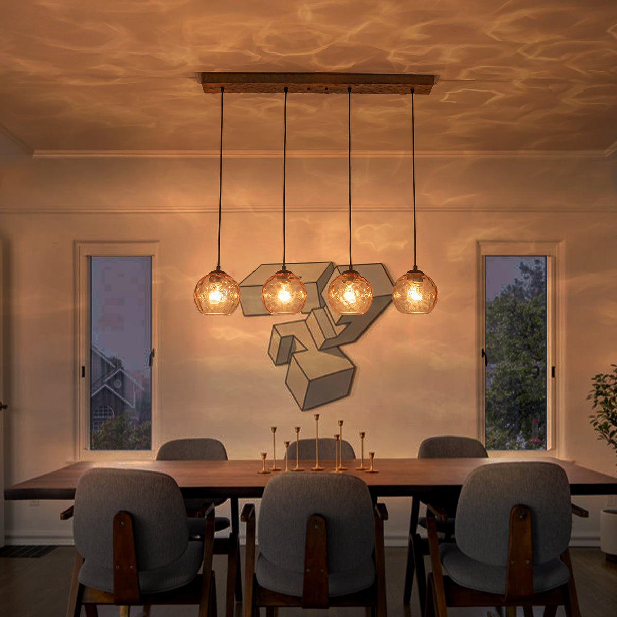36.61 inch 4-Light Vintage Wood Pendant Lights with Amber Glass Shades - product image 3 | Zenvolit
