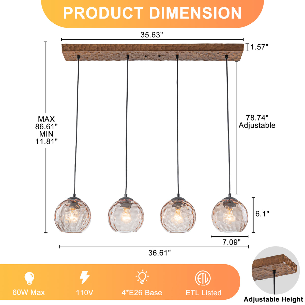36.61 inch 4-Light Vintage Wood Pendant Lights with Amber Glass Shades - product image 7 | Zenvolit