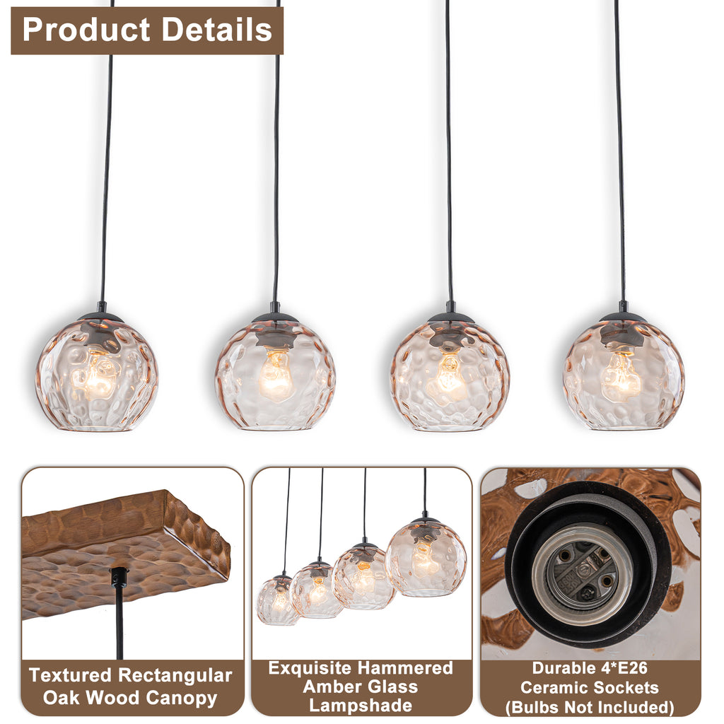 36.61 inch 4-Light Vintage Wood Pendant Lights with Amber Glass Shades - product image 15 | Zenvolit