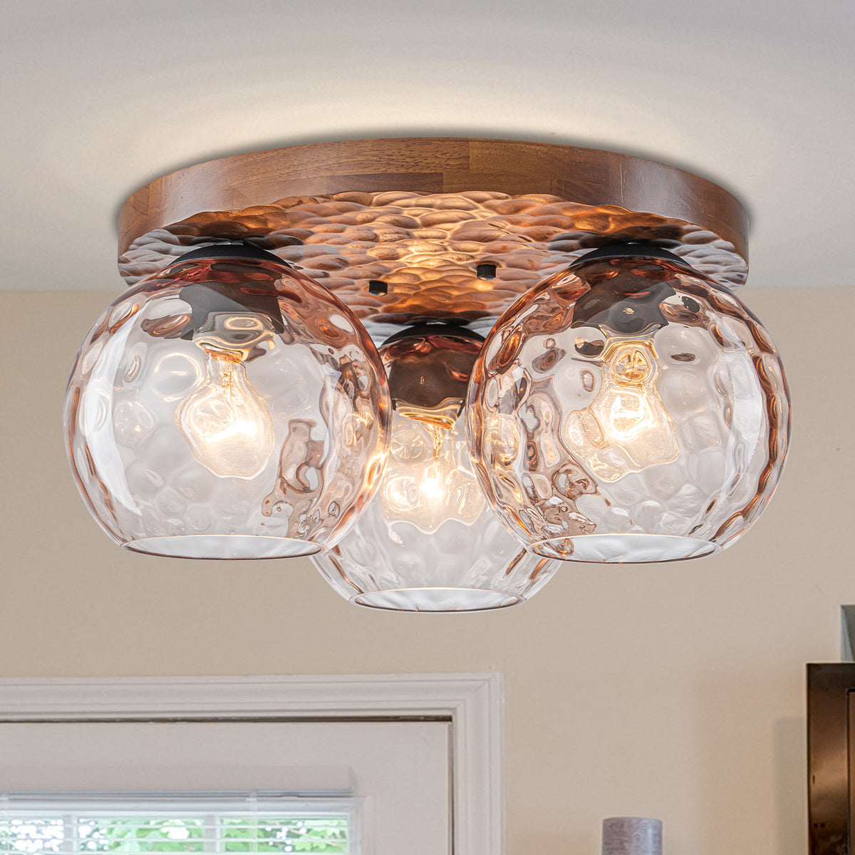 16.54 inch 3-Light Antique Rustic Brown Wood Flush Mount Ceiling Light with Hammered-Textured Amber Glass Shades - product image 1 | Zenvolit