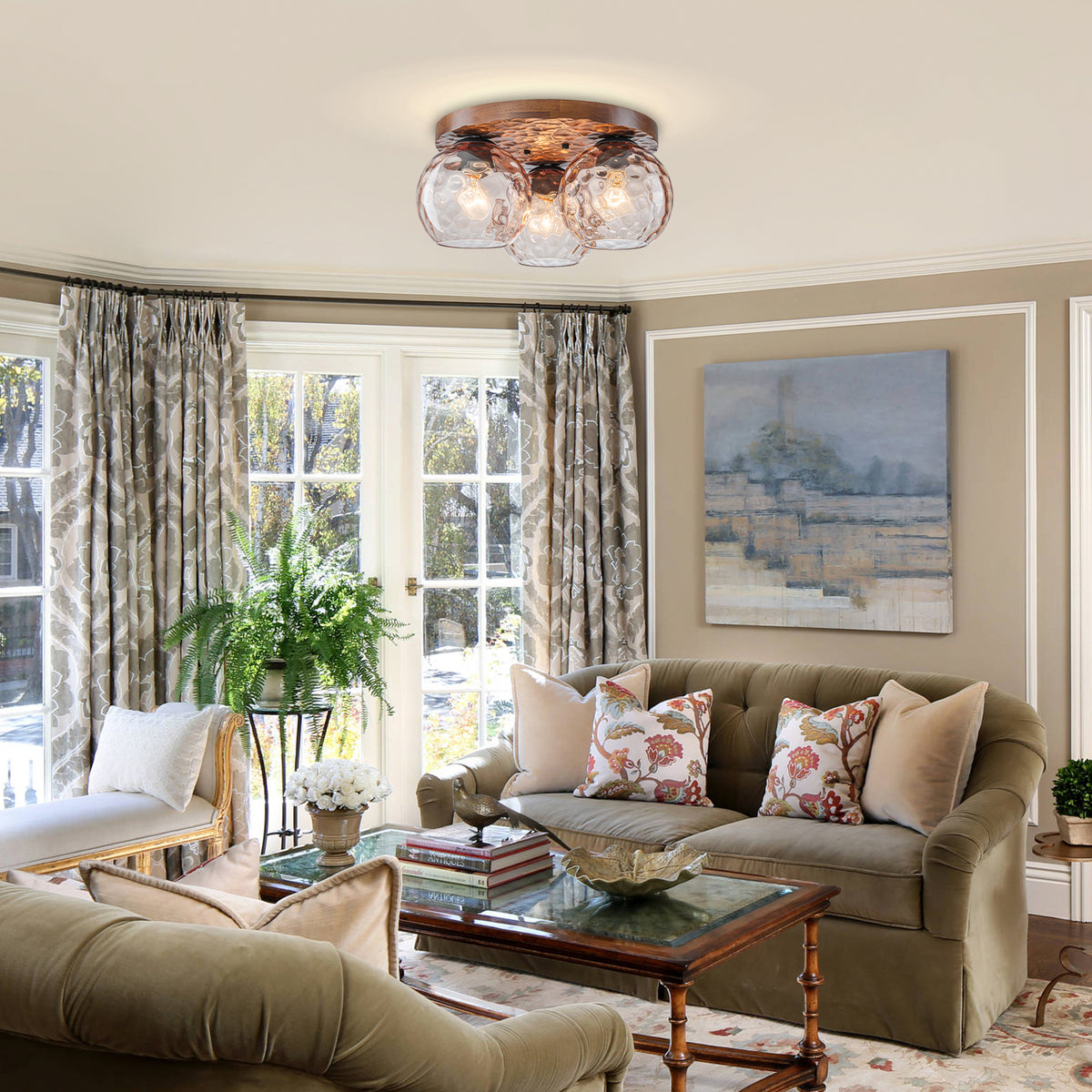 16.54 inch 3-Light Antique Rustic Brown Wood Flush Mount Ceiling Light with Hammered-Textured Amber Glass Shades - product image 2 | Zenvolit