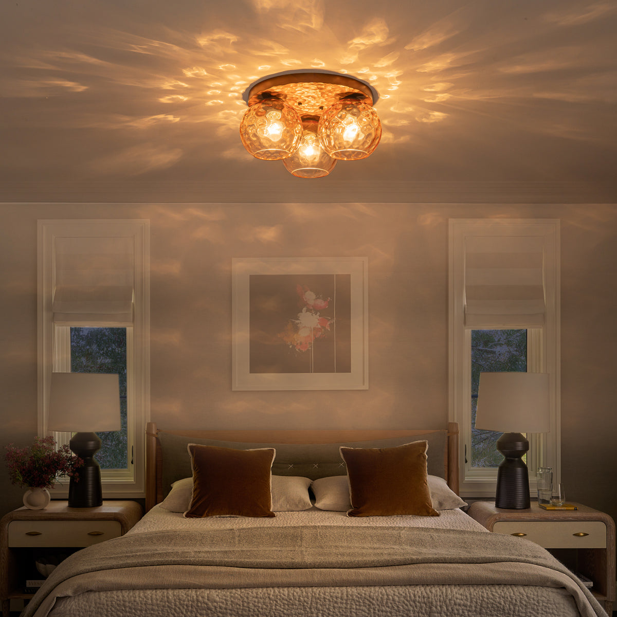16.54 inch 3-Light Antique Rustic Brown Wood Flush Mount Ceiling Light with Hammered-Textured Amber Glass Shades - product image 3 | Zenvolit