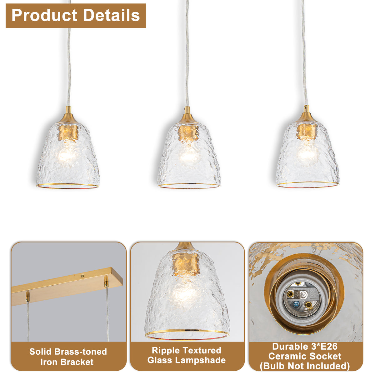 Kitchen Linear Island Pendant Light with Textured Clear Glass Shades