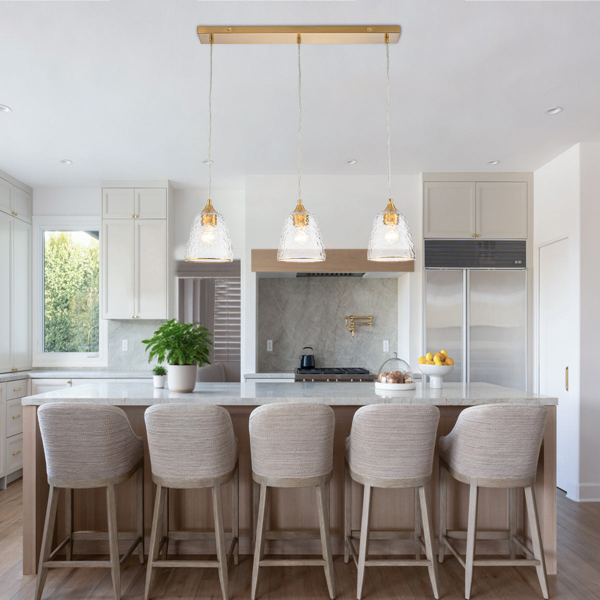 Kitchen Linear Island Pendant Light with Textured Clear Glass Shades