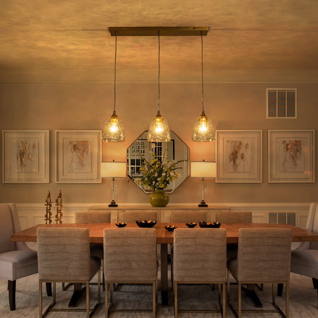 Kitchen Linear Island Pendant Light with Textured Clear Glass Shades