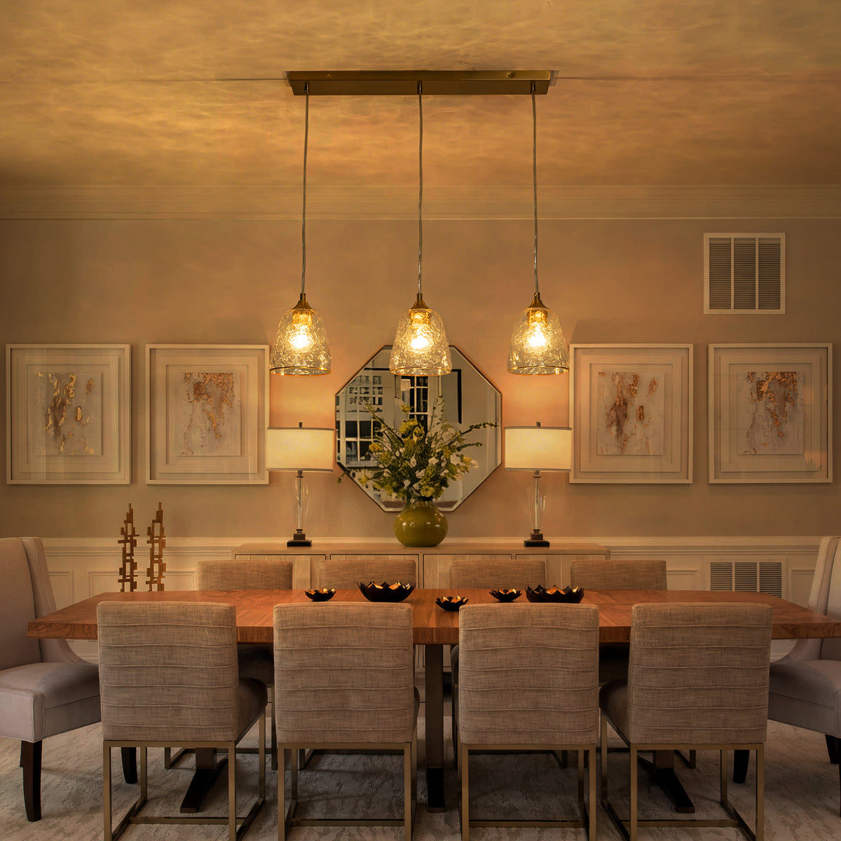 Kitchen Linear Island Pendant Light with Textured Clear Glass Shades