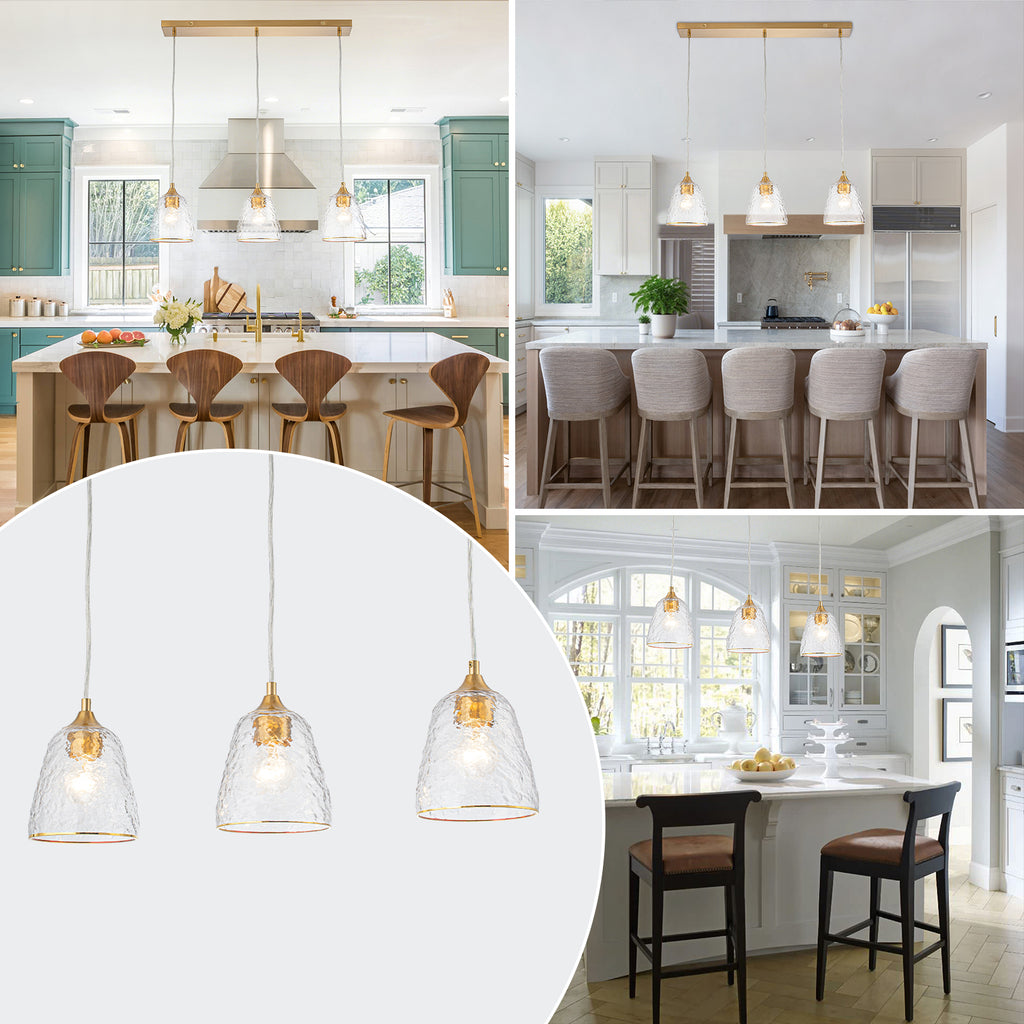 Kitchen Linear Island Pendant Light with Textured Clear Glass Shades