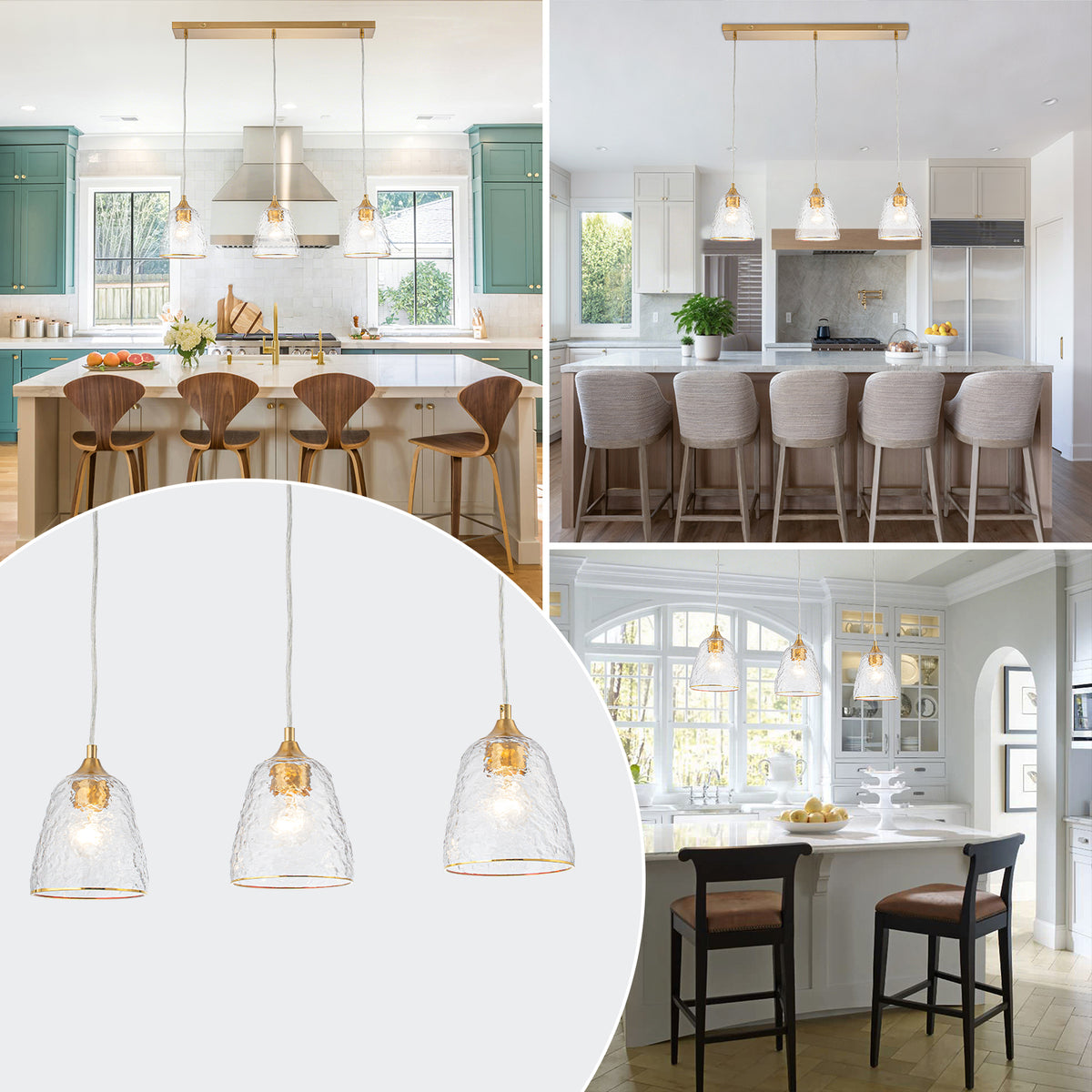 Kitchen Linear Island Pendant Light with Textured Clear Glass Shades