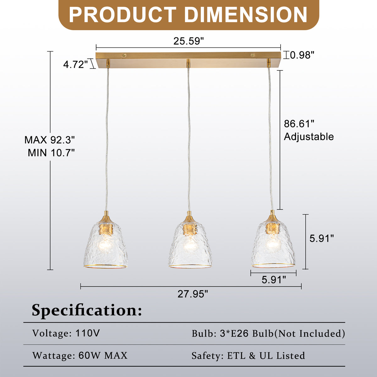 Kitchen Linear Island Pendant Light with Textured Clear Glass Shades