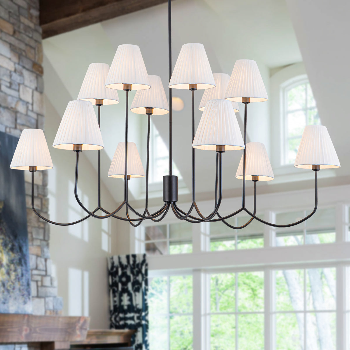 12-Light Matte Black Modern Chandelier White Fabric Shades Living Room - product image 1 | Zenvolit
