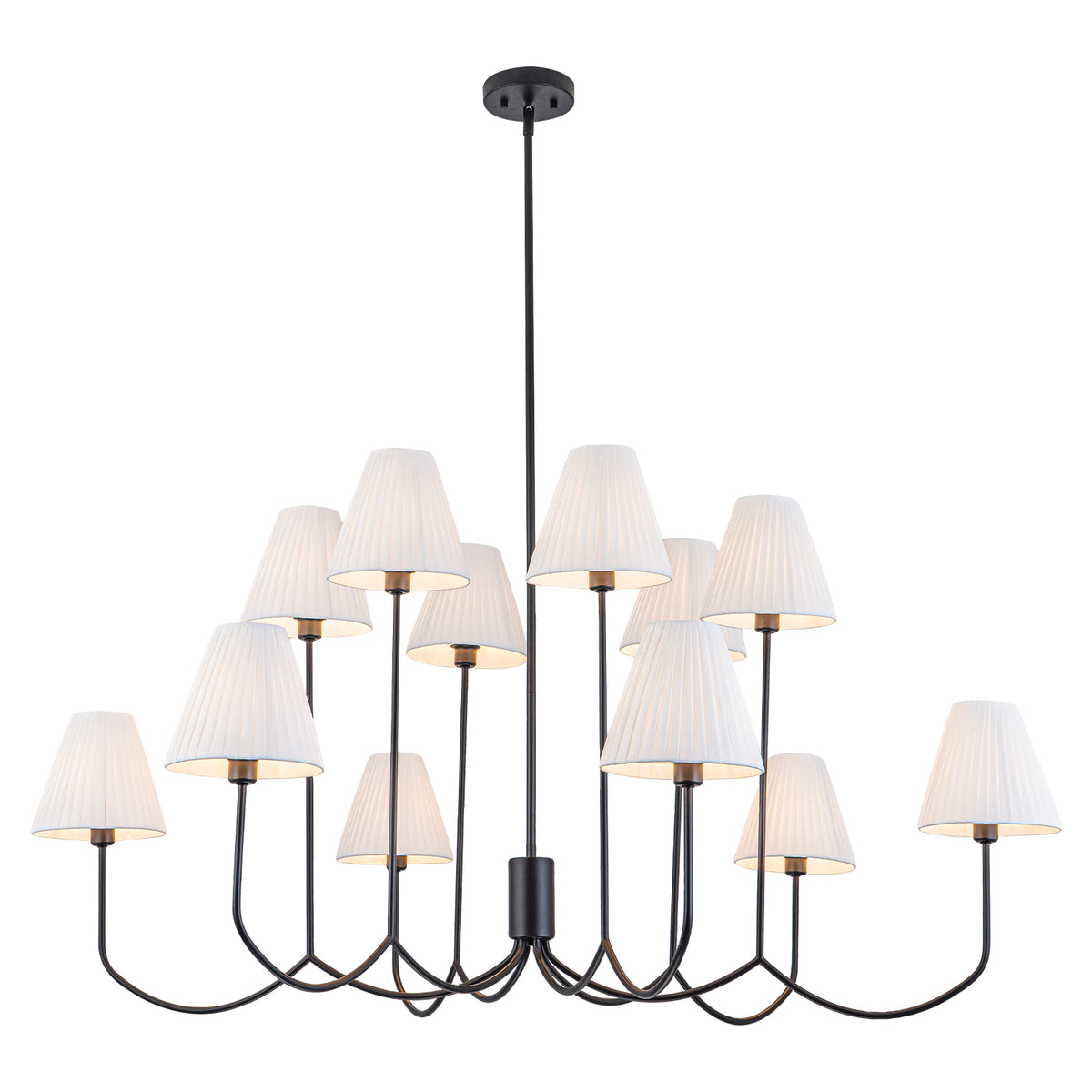 12-Light Matte Black Modern Chandelier White Fabric Shades Living Room