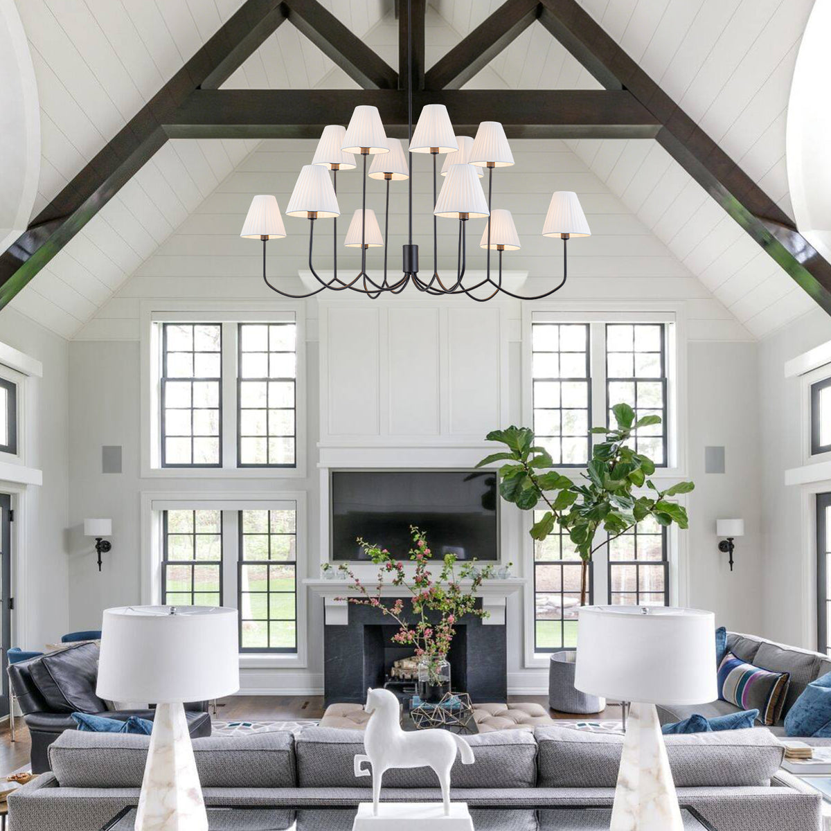12-Light Matte Black Modern Chandelier White Fabric Shades Living Room