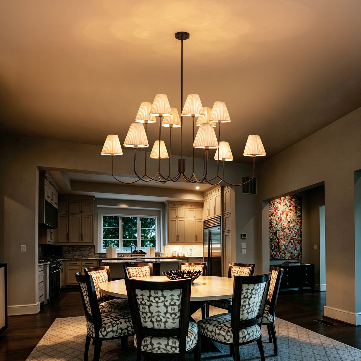 12-Light Matte Black Modern Chandelier White Fabric Shades Living Room