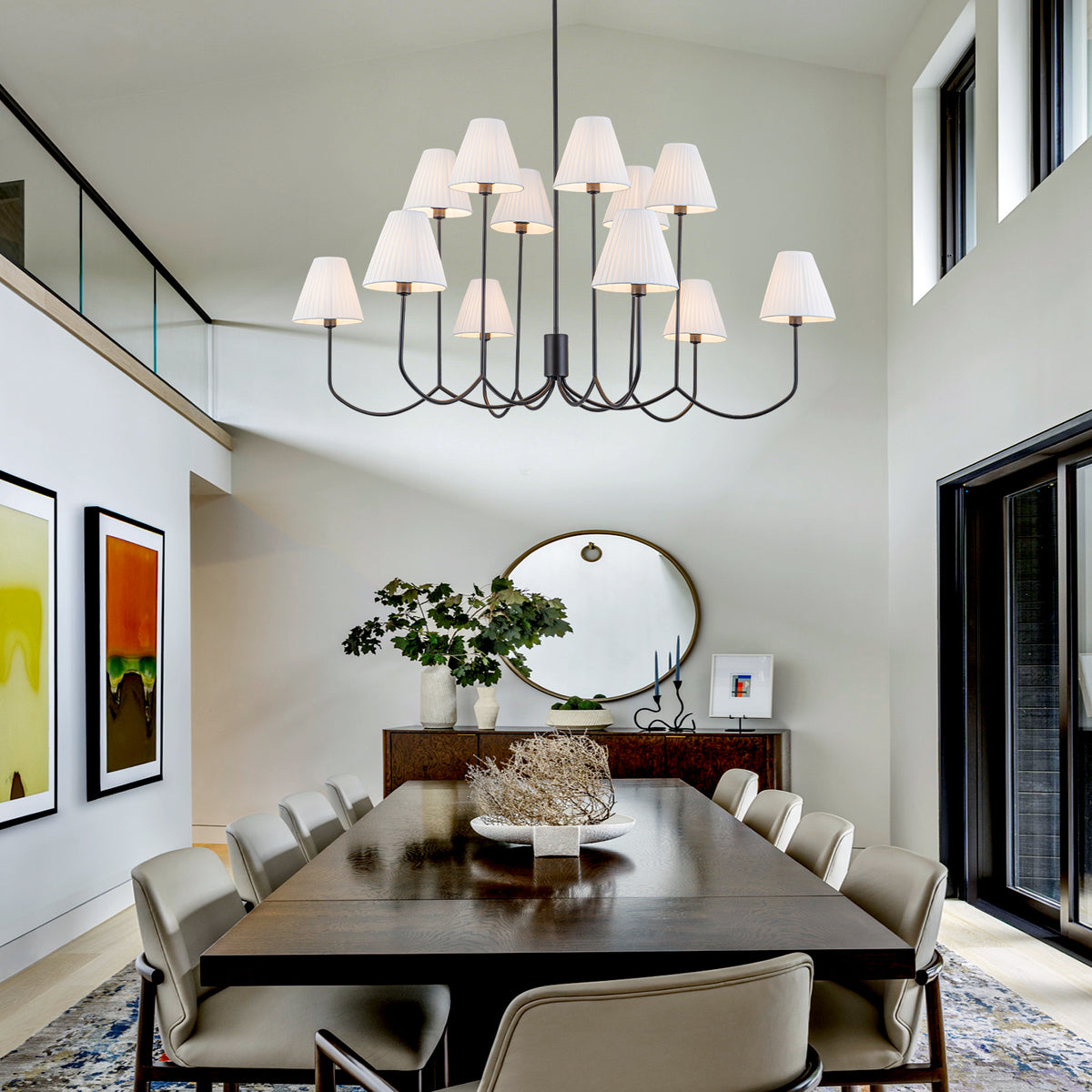 12-Light Matte Black Modern Chandelier White Fabric Shades Living Room