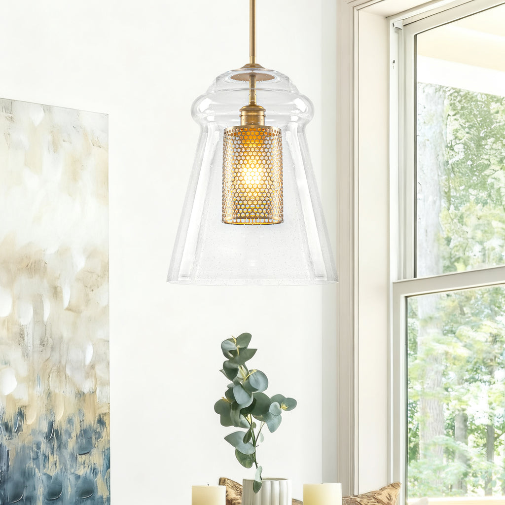 Modern Gold Kitchen Island Pendant Light with Clear Seeded Glass Shade - product image 1 | Zenvolit
