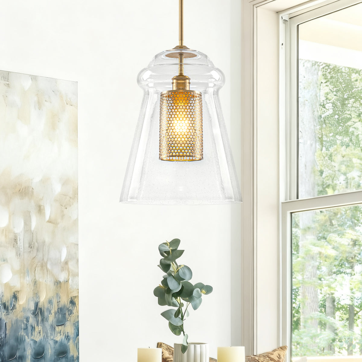Modern Gold Kitchen Island Pendant Light with Clear Seeded Glass Shade - product image 1 | Zenvolit