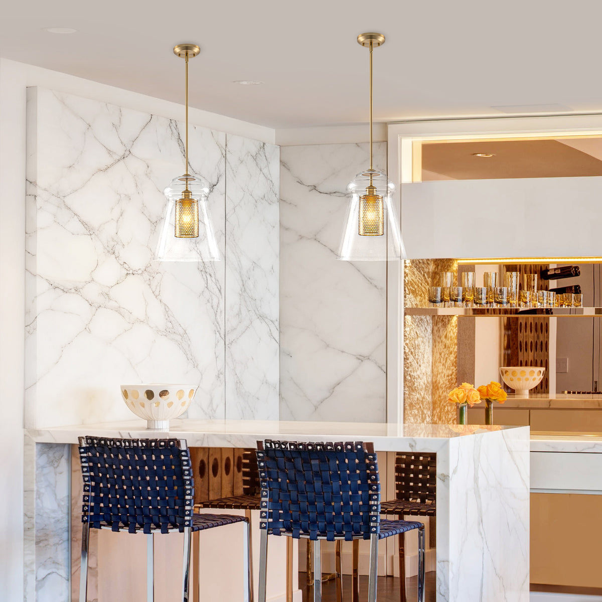 Modern Gold Kitchen Island Pendant Light with Clear Seeded Glass Shade - product image 9 | Zenvolit