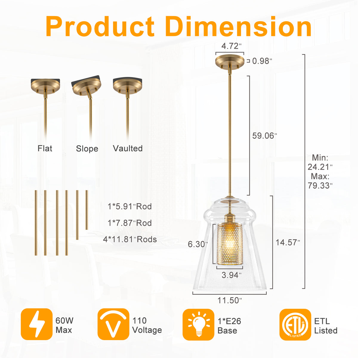 Modern Gold Kitchen Island Pendant Light with Clear Seeded Glass Shade - product image 12 | Zenvolit