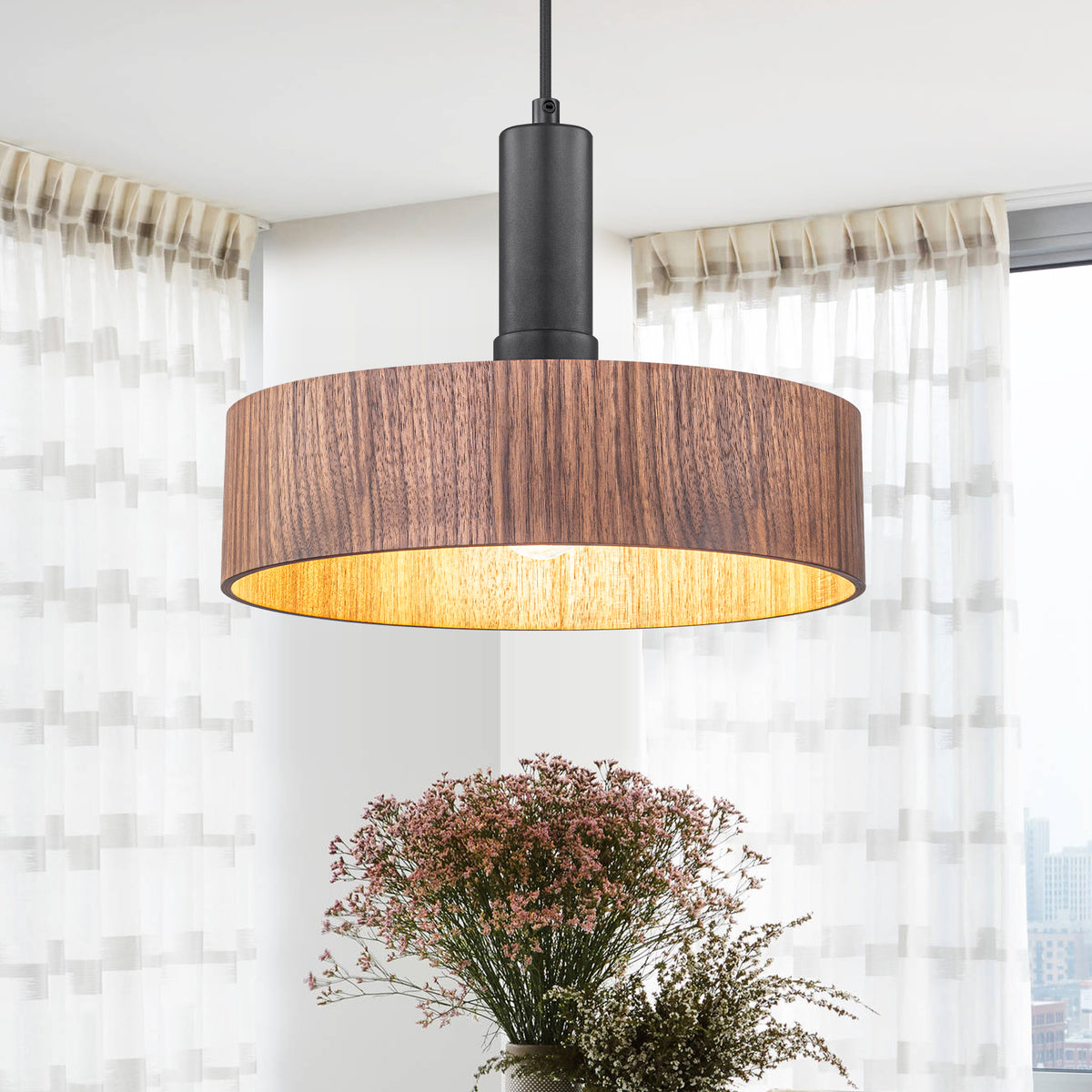 Modern Matte Black Pendant Light with Wood Shade Kitchen Fixture - product image 1 | Zenvolit
