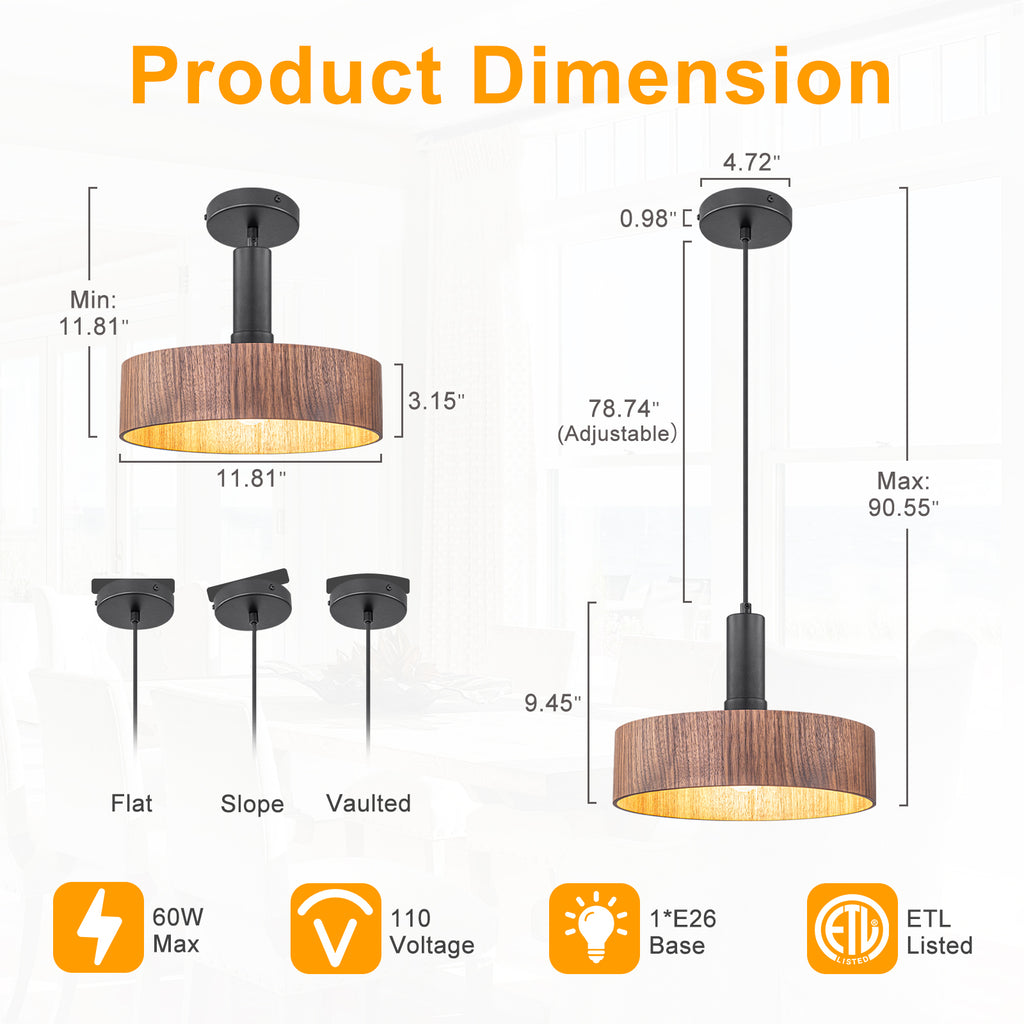Modern Matte Black Pendant Light with Wood Shade Kitchen Fixture - product image 12 | Zenvolit