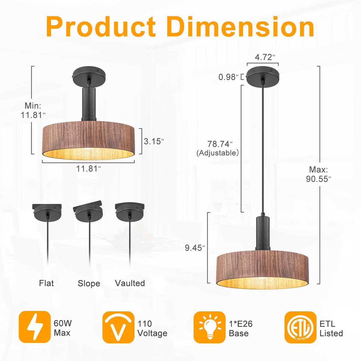 Modern Matte Black Pendant Light with Wood Shade Kitchen Fixture - product image 12 | Zenvolit