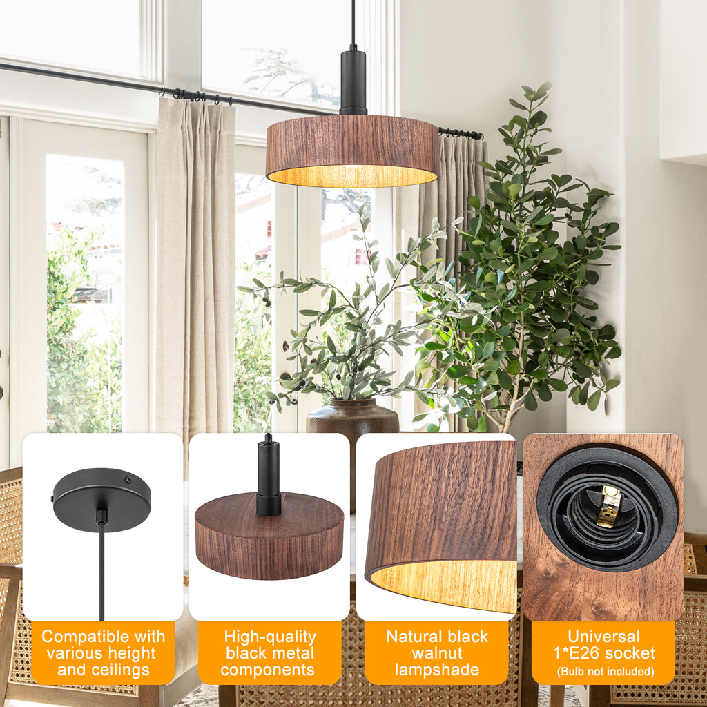 Modern Matte Black Pendant Light with Wood Shade Kitchen Fixture - product image 14 | Zenvolit