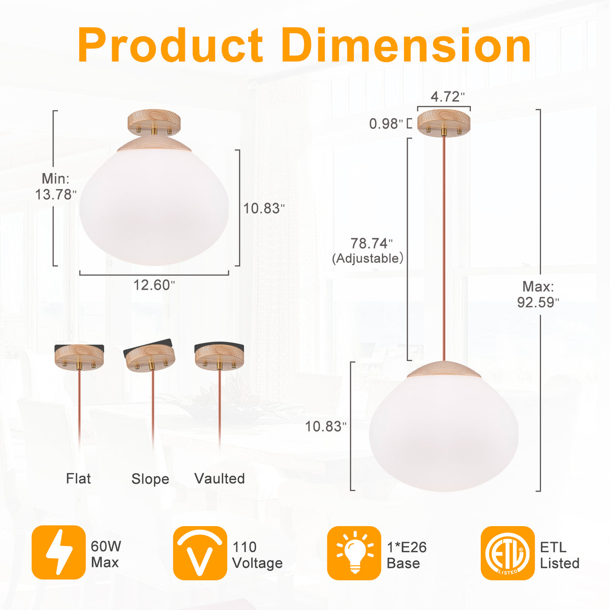 Modern Wood Pendant Light with White Glass Shade Kitchen Fixture - product image 12 | Zenvolit