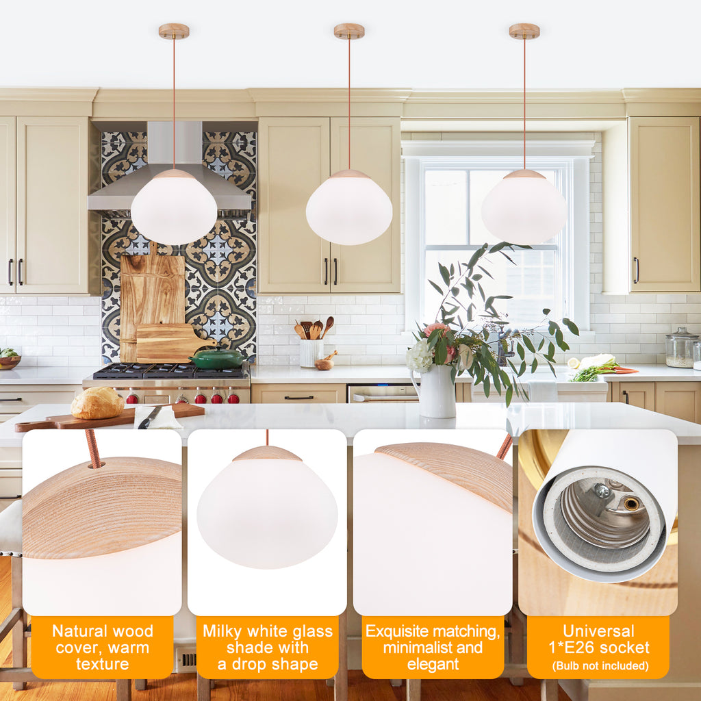 Modern Wood Pendant Light with White Glass Shade Kitchen Fixture - product image 14 | Zenvolit
