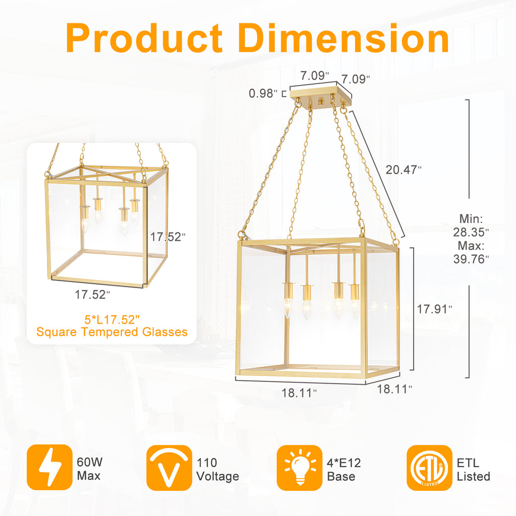 4-Light Gold Lantern Pendant Chandelier with Clear Glass Panels - product image 1 | Zenvolit