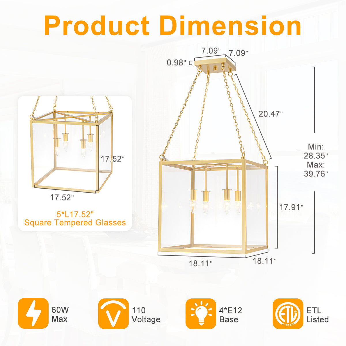 4-Light Gold Lantern Pendant Chandelier with Clear Glass Panels - product image 1 | Zenvolit