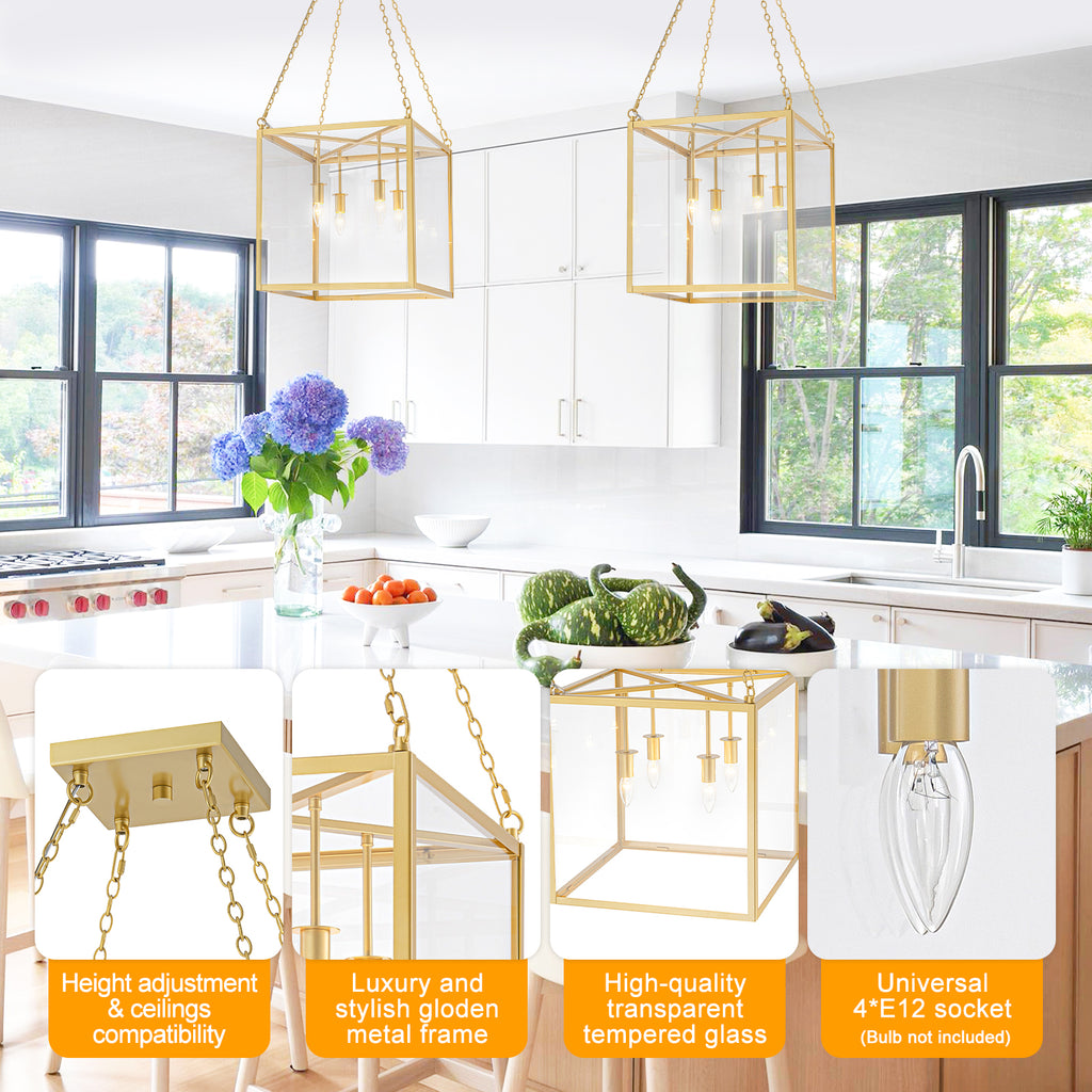 4-Light Gold Lantern Pendant Chandelier with Clear Glass Panels - product image 3 | Zenvolit