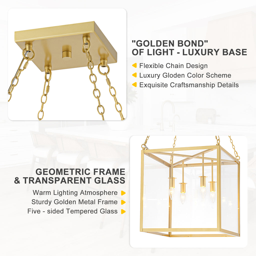 4-Light Gold Lantern Pendant Chandelier with Clear Glass Panels - product image 4 | Zenvolit