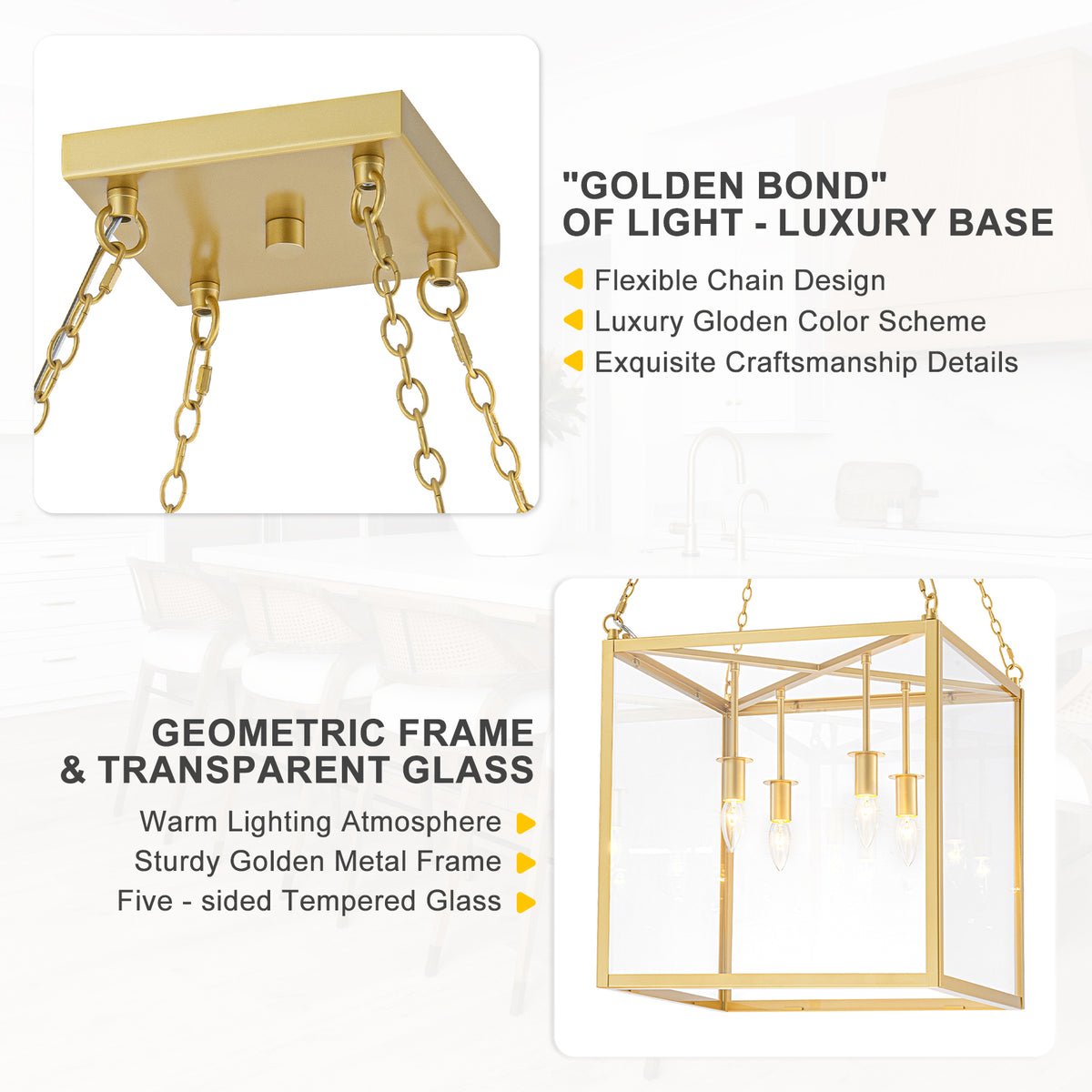 4-Light Gold Lantern Pendant Chandelier with Clear Glass Panels - product image 4 | Zenvolit