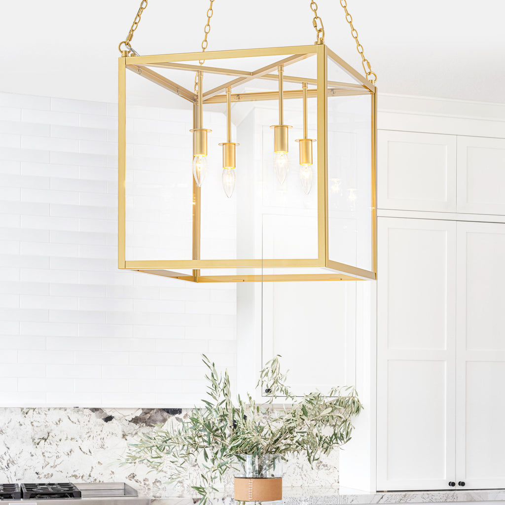 4-Light Gold Lantern Pendant Chandelier with Clear Glass Panels - product image 6 | Zenvolit