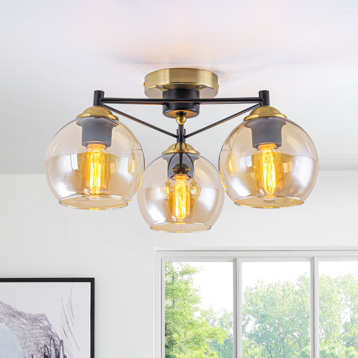 17.7 inch 3 Lights Amber Glass Globe Flush Mount Ceiling Light with E26 Sockets - product image 1 | Zenvolit
