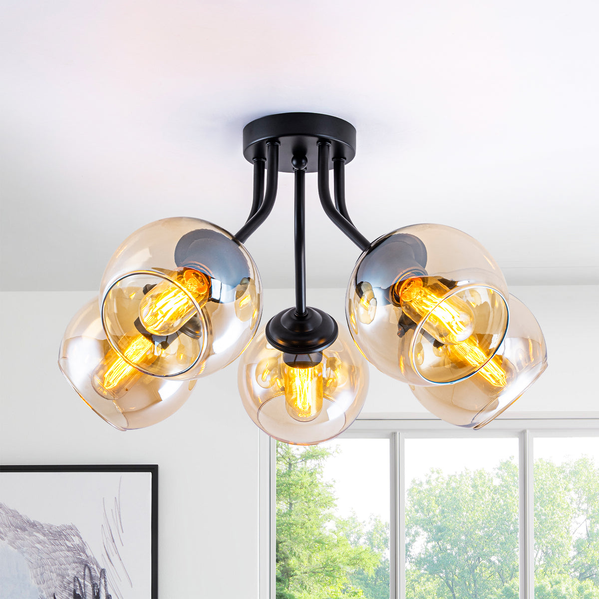 5 Lights Open Top Amber Glass Shade Flush Mount Ceiling Light Sputnik Metal Frame with E26 Sockets - product image 1 | Zenvolit