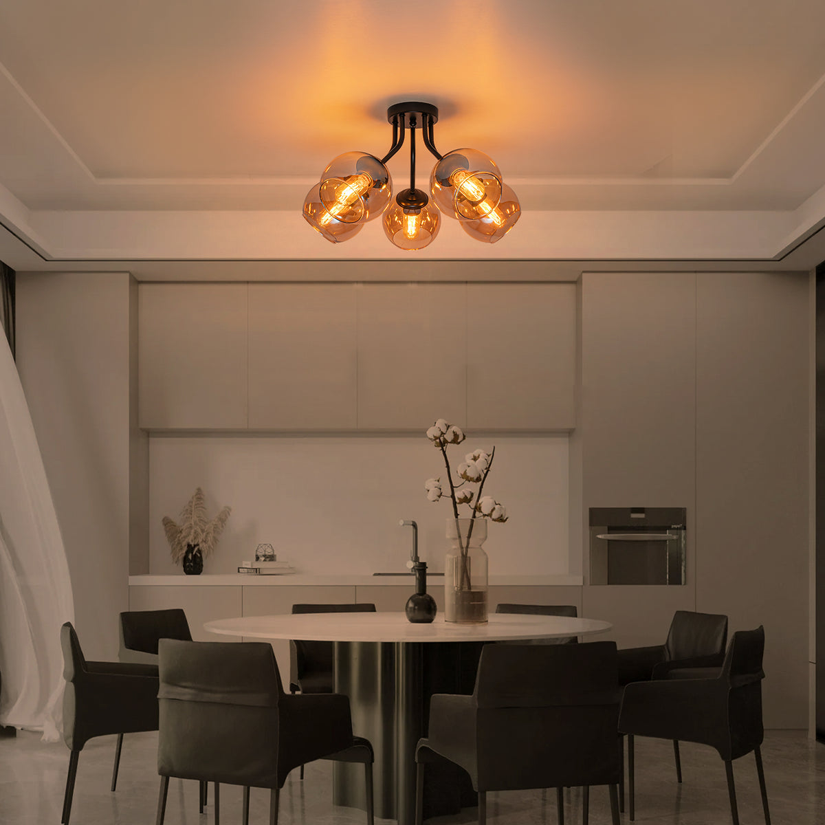 5 Lights Open Top Amber Glass Shade Flush Mount Ceiling Light Sputnik Metal Frame with E26 Sockets - product image 3 | Zenvolit
