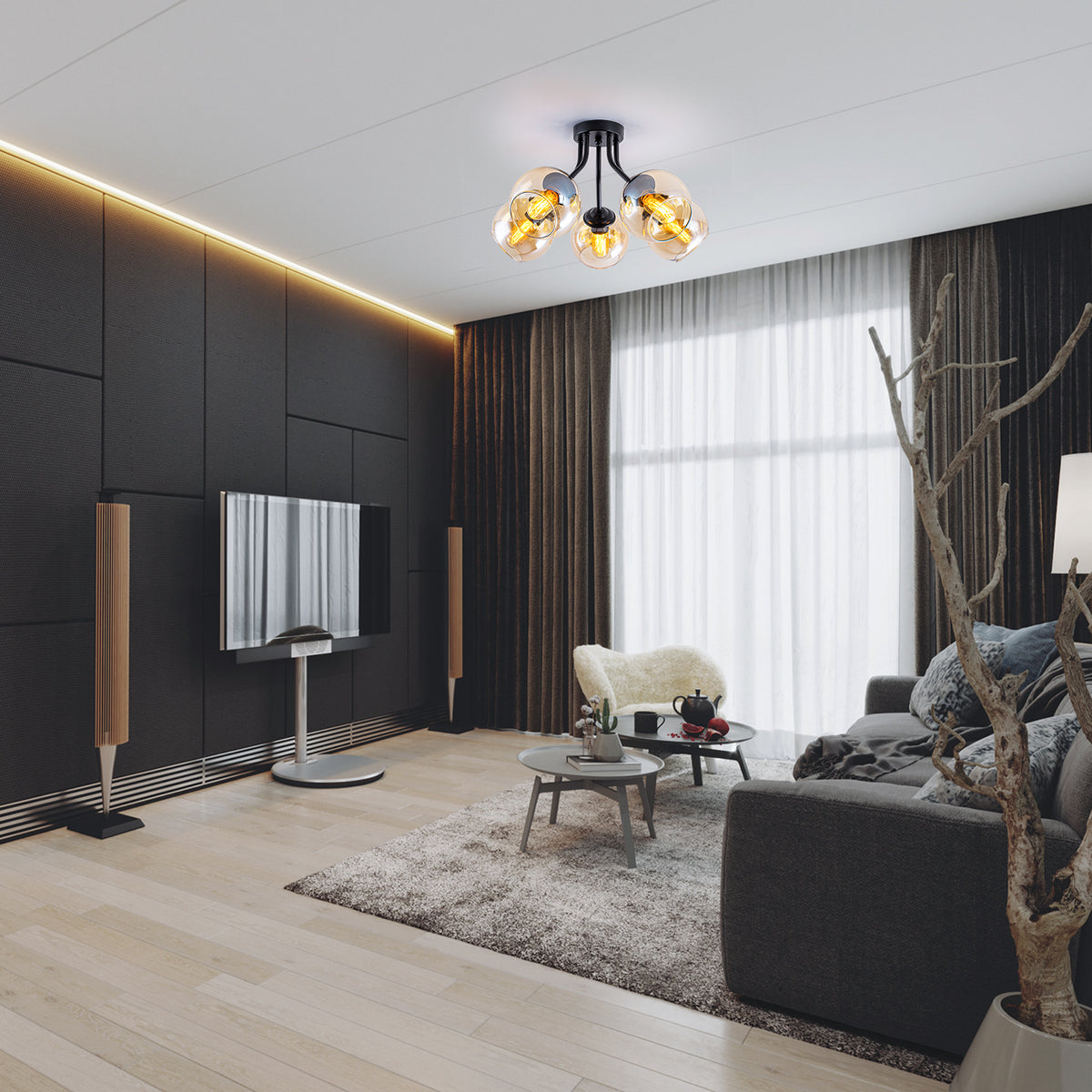 5 Lights Open Top Amber Glass Shade Flush Mount Ceiling Light Sputnik Metal Frame with E26 Sockets - product image 4 | Zenvolit