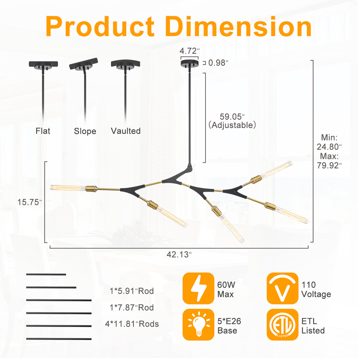 5-Light Modern Y-Shaped Branch Chandelier with Adjustable Swivel Mount - product image 1 | Zenvolit