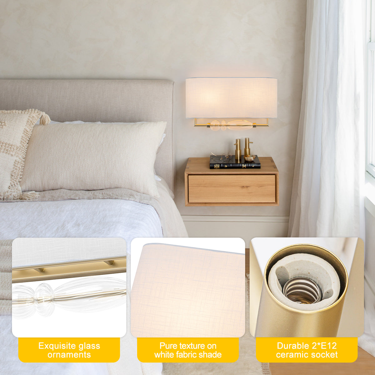 2-Light Wall Sconce Half-Open Linen Shade Striped Glass Globe Accent - product image 8 | Zenvolit